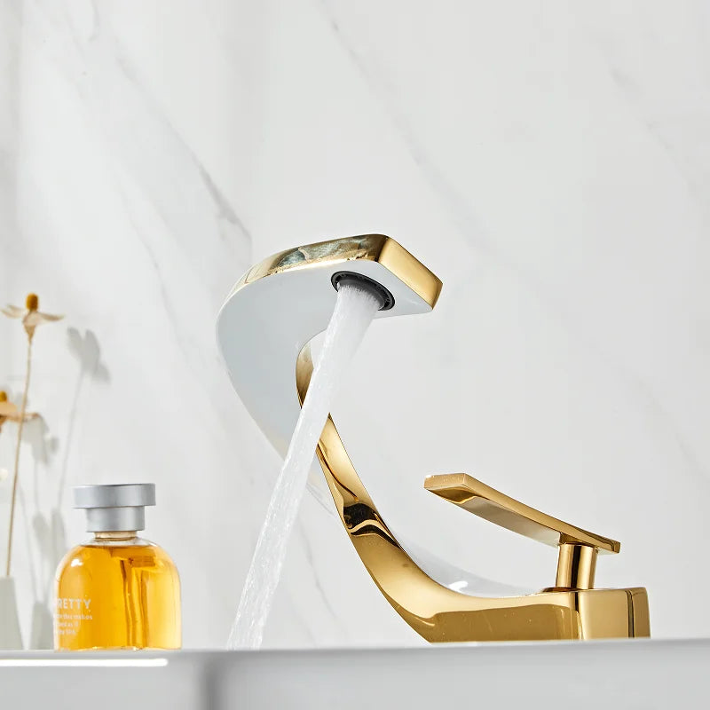 Afralia™ Gold & White Bathroom Basin Faucet Deck Mounted Sink Tap, Brass with Rose Gold Accent