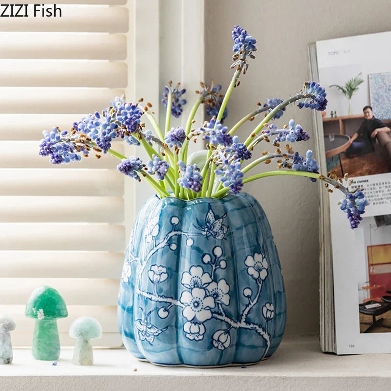 Afralia™ Blue White Porcelain Pumpkin Vase Desk Decoration Artificial Flowers Bouquet
