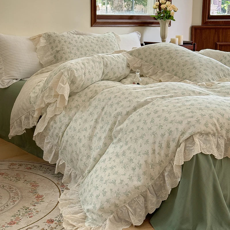 Afralia™ Elegant Floral Lace Ruffles Bedding Set with Double Yarn - Soft Cotton Blend