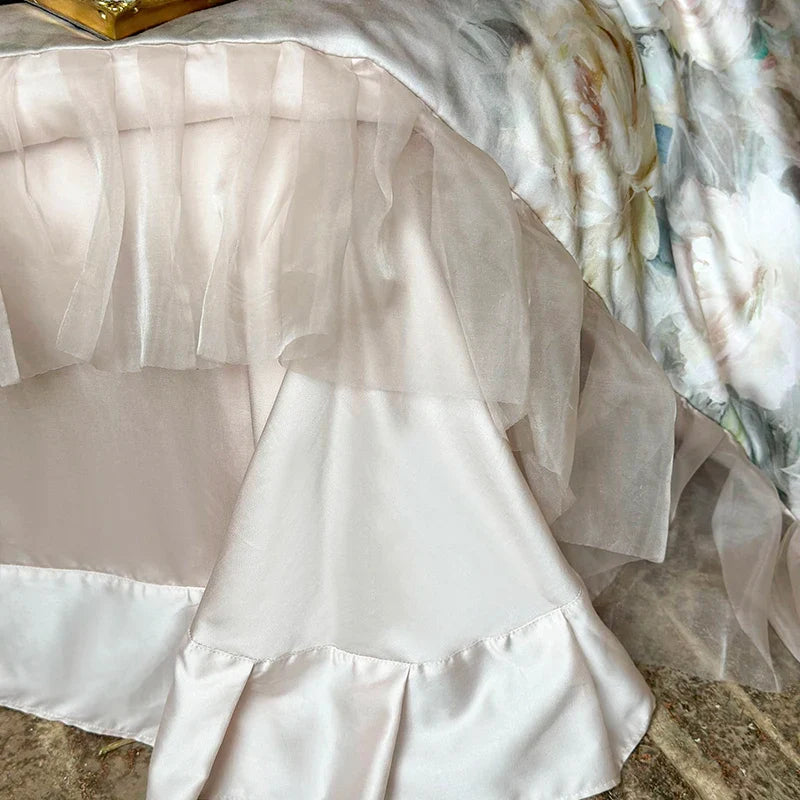 Afralia™ French Flowers Lace Ruffles Bedding Set with Silky Soft Lyocell Cotton