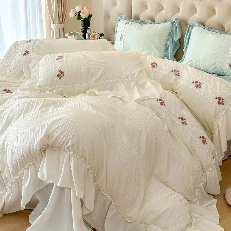Afralia™ Romantic Lace Bubble Gauze Queen Bedding Set - Elegant Princess Style emb. Duvet Cover Set