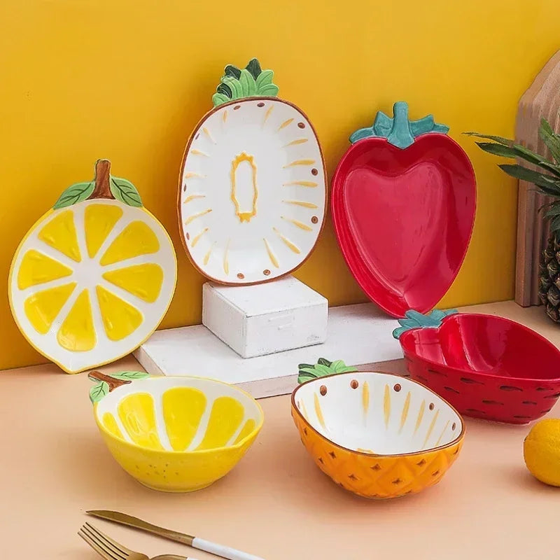 Afralia™ Ceramic Fruit Plate Set: Pineapple, Strawberry, Lemon Design for Cute Table Setting