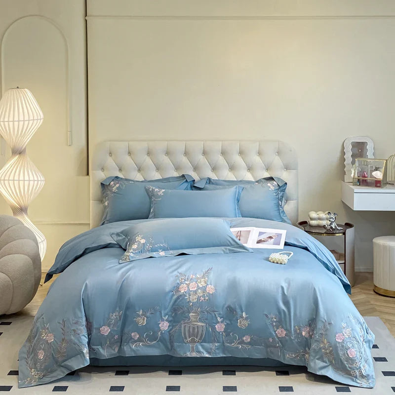 Afralia™ Luxury Gold Flowers Embroidery Cotton Bedding Set