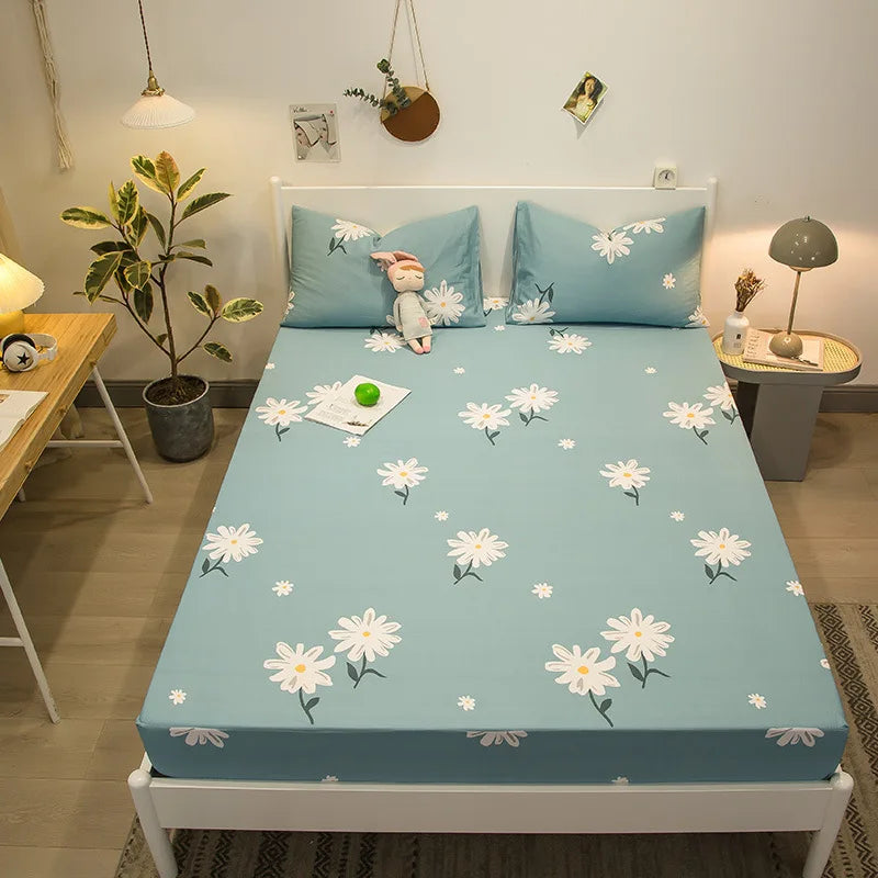 Afralia™ Fashion Flowers Print Cotton Fitted Sheet Single Piece Queen Size, Soft Pink Bed Linen