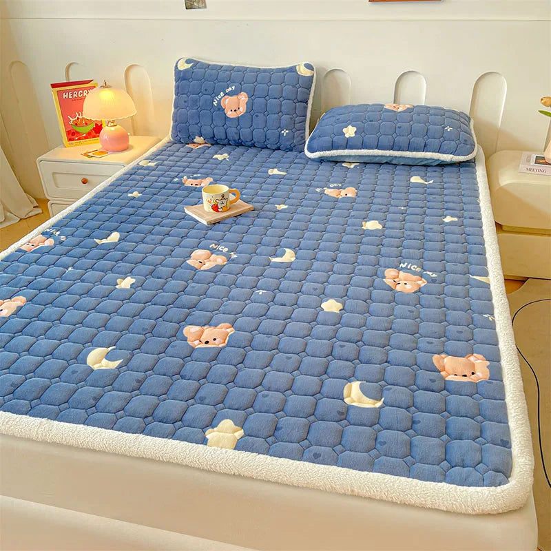 Afralia™ Milk Velvet Printed Mattress Topper: Thick Warm Cartoon Cushion for All Seasons