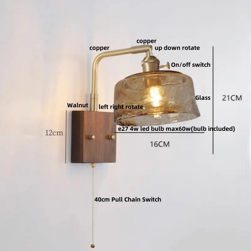 Afralia™ Walnut Wood LED Wall Lamp Sconce with Pull Chain Switch Rotation Mirror Light