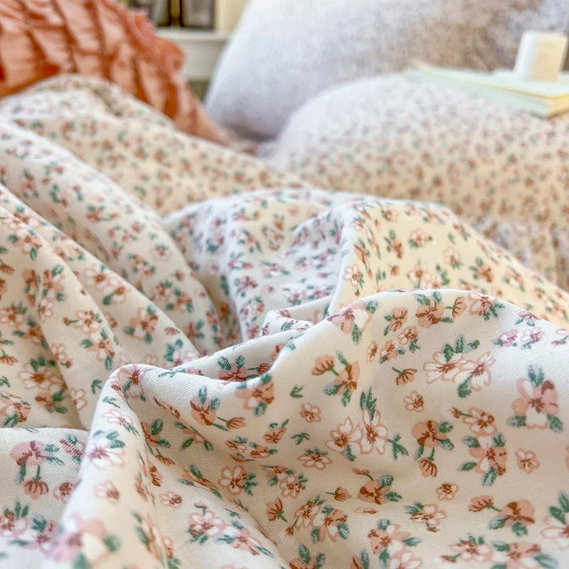 Afralia™ Double Layer Lace Ruffles Floral Bedding Set with Duvet Cover, Bed Skirt, Pillows