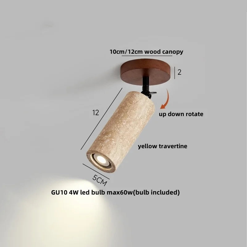 Afralia™ Yellow Travertine LED Ceiling Lamp Wood Base Up Rotate Fixture Plafonnier
