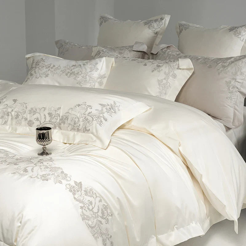 Afralia™ Luxury Embroidery Bedding Set: Pearl White 1000TC Egyptian Cotton Duvet Cover, Sheets, Pillowcases