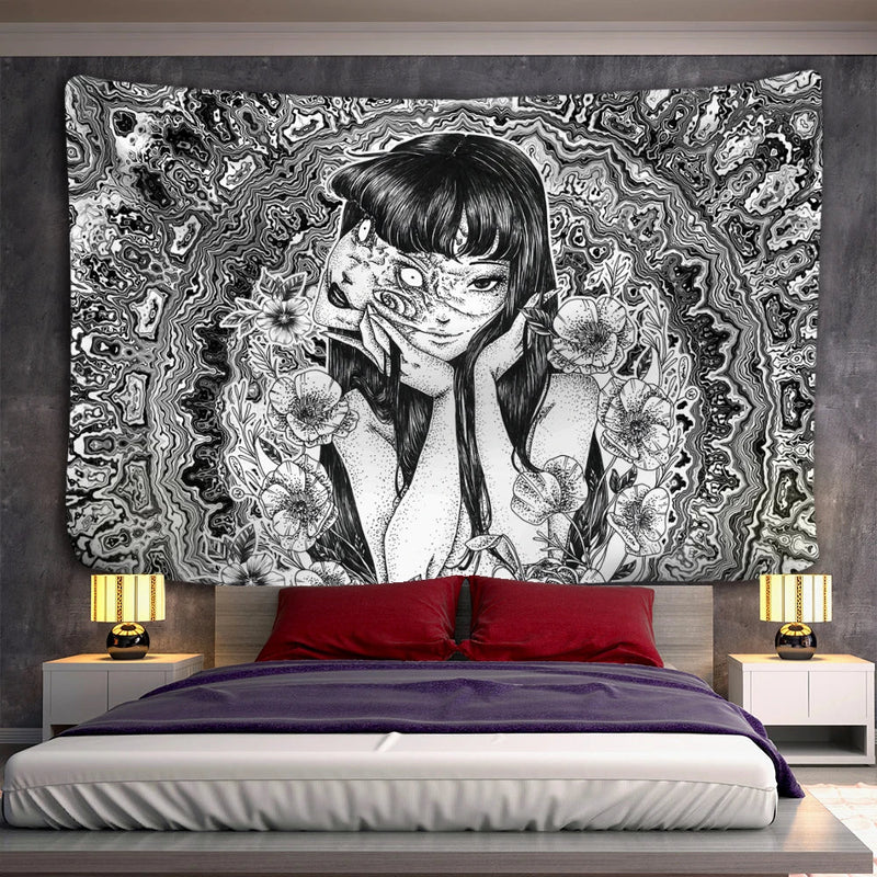 Afralia™ Mysterious Horror Anime Tapestry | Kawaii Room Decor Art Illustration