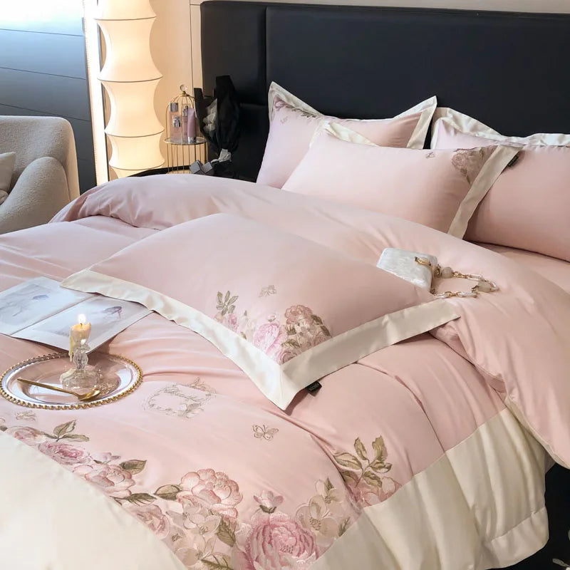 Afralia™ Rose Flowers Embroidery Bedding Set, Pink Egyptian Cotton, Luxury 4Pcs