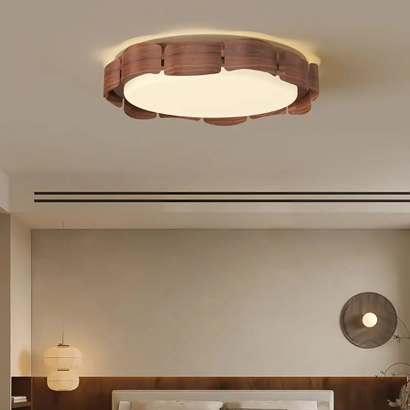 Afralia™ Wood Walnut Round Ring LED Ceiling Light 50cm