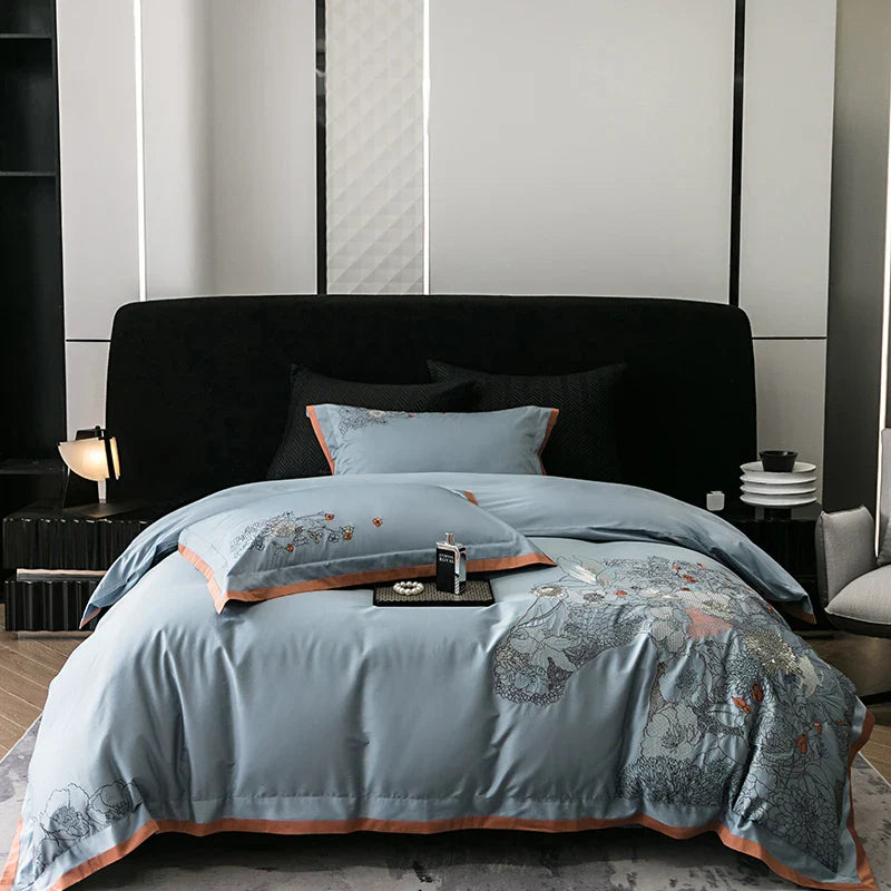 Afralia™ Cotton Flowers Horse Embroidery Luxury Bedding Set - Duvet Cover, Bed Sheet, Pillowcases