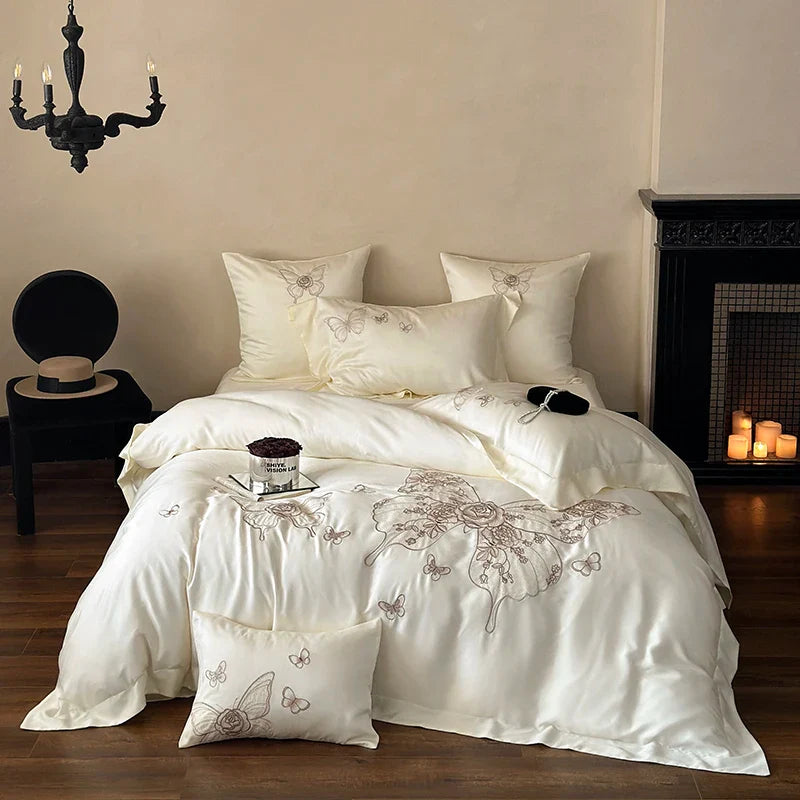 Afralia™ Butterfly Flowers Embroidery 800TC Eucalyptus Fiber Bedding Set