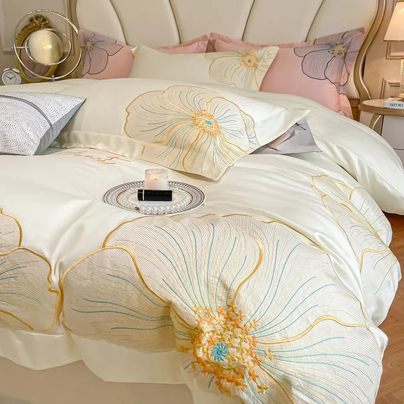 Afralia™ Embroidered Egyptian Cotton Bedding Set for King Queen RU Bed Linens