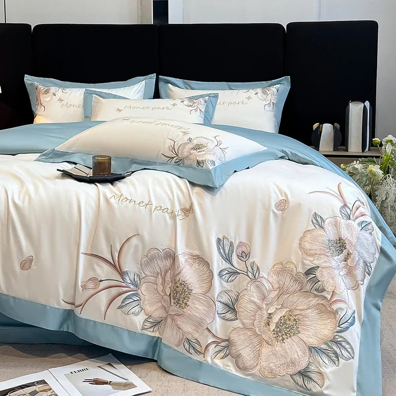 Afralia™ Pink Flowers Embroidery Cotton Luxury Bedding Set: Duvet, Sheet, Pillowcases - 4Pcs