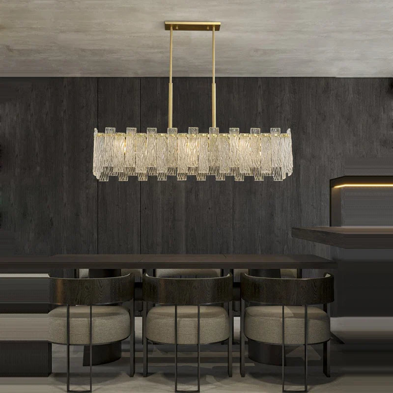 Afralia™ Rectangular Golden Copper Glass LED Chandelier for Dinning Room