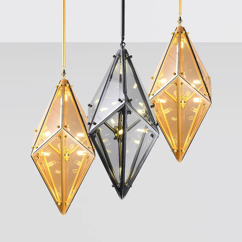 Afralia™ Diamond Glass LED Pendant Light Smoky Gray Amber Hanging Lamp for Living Room