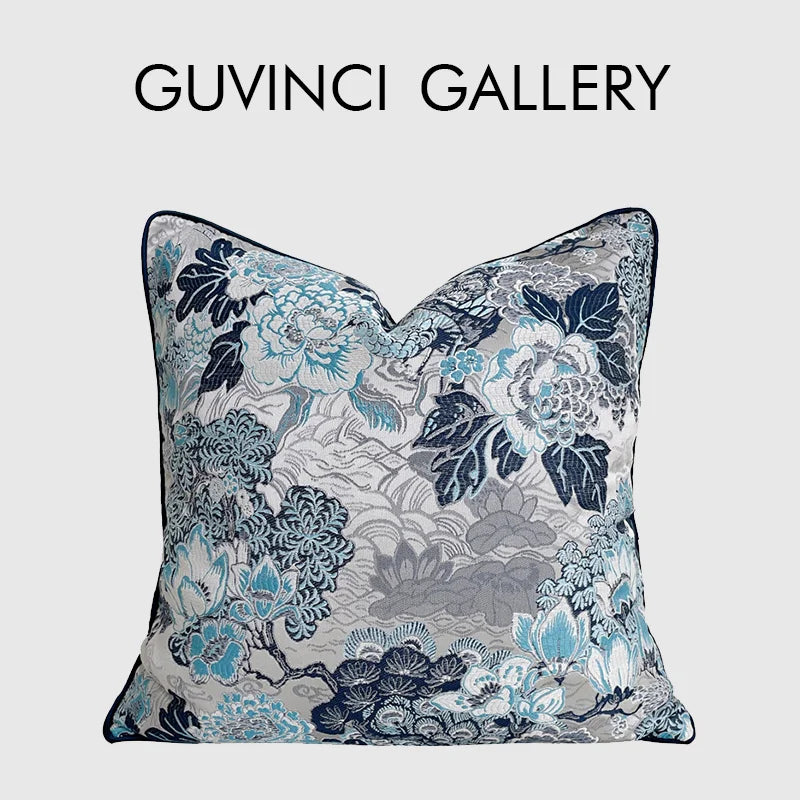 Afralia™ Chinoiserie Blue Peony Floral Jacquard Cushion Cover - Oriental Art Decor for Sofa