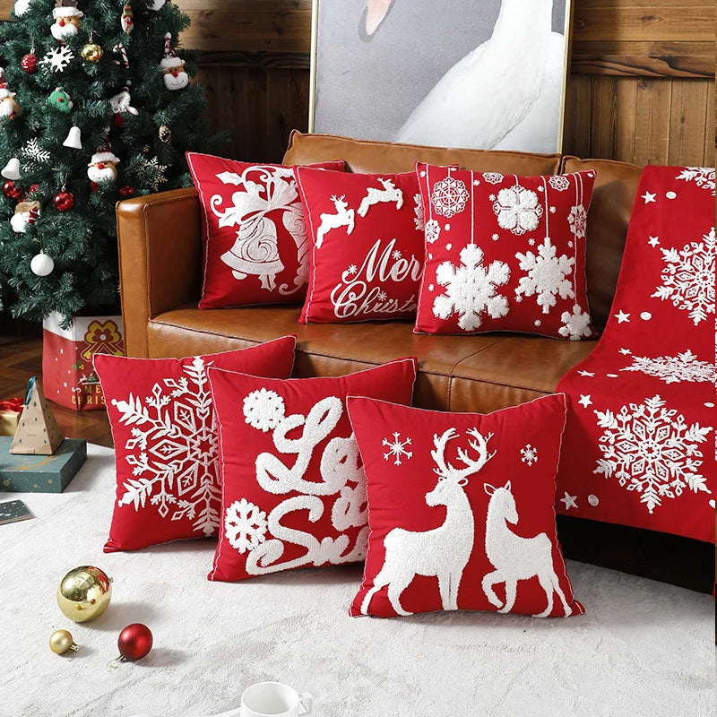 Afralia™ Christmas Embroidered Cotton Canvas Pillow Covers Snowflake Elk Decor