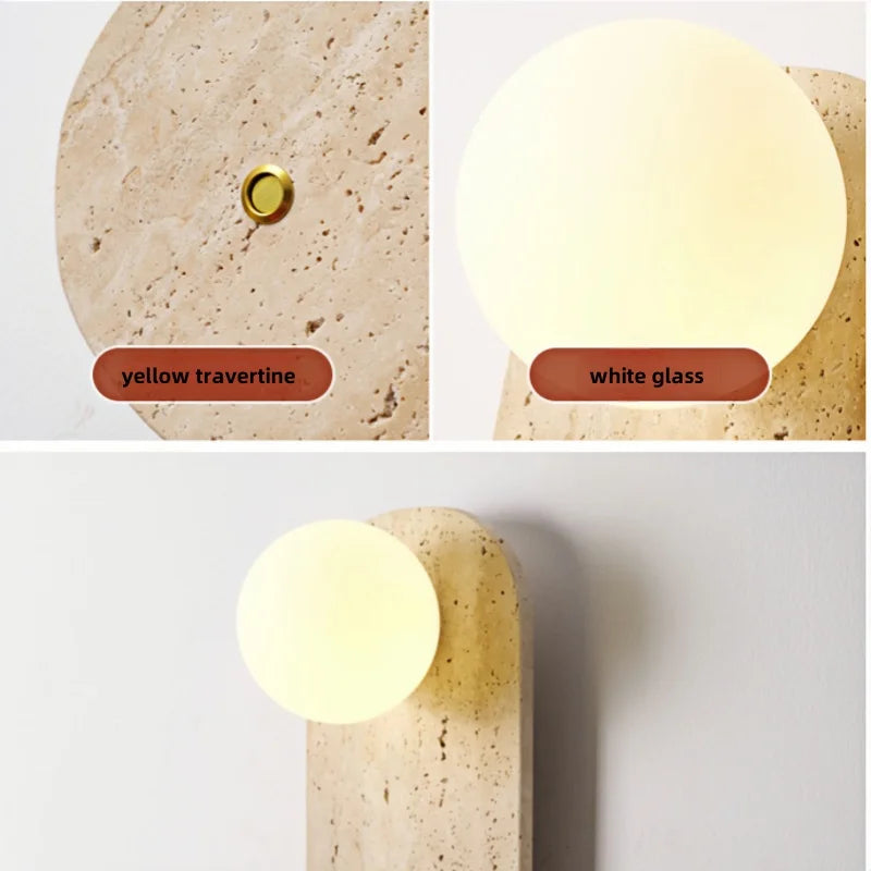 Afralia™ LED Button Switch Wall Light in Yellow Travertine White Glass - Modern Nordic Design