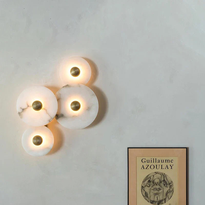 Afralia™ Marble LED Wall Lamp, Gold Metal Round Sconce for Living Room, Bedroom, Aisle