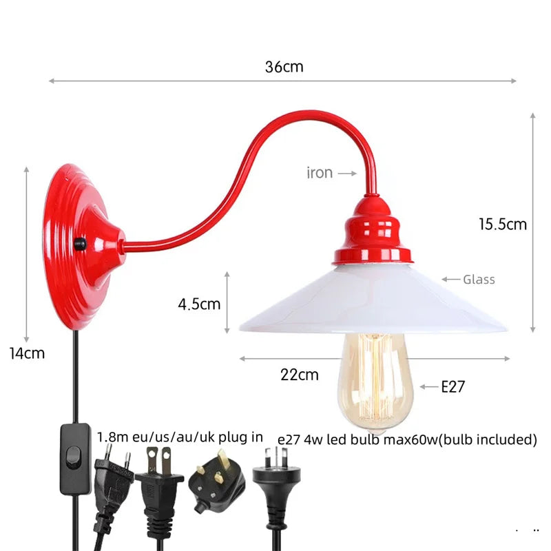 Afralia™ Vintage Loft Red Glass LED Wall Lamp for Indoor Living Spaces