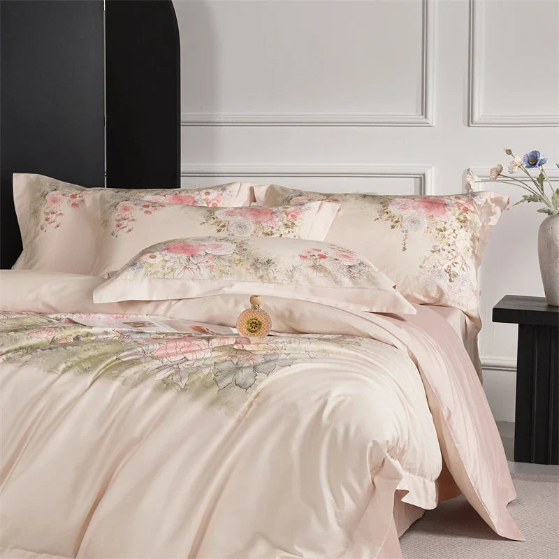 Afralia™ Flowers Pattern 1000TC Egyptian Cotton Luxury Bedding Set & Silk Duvet Cover