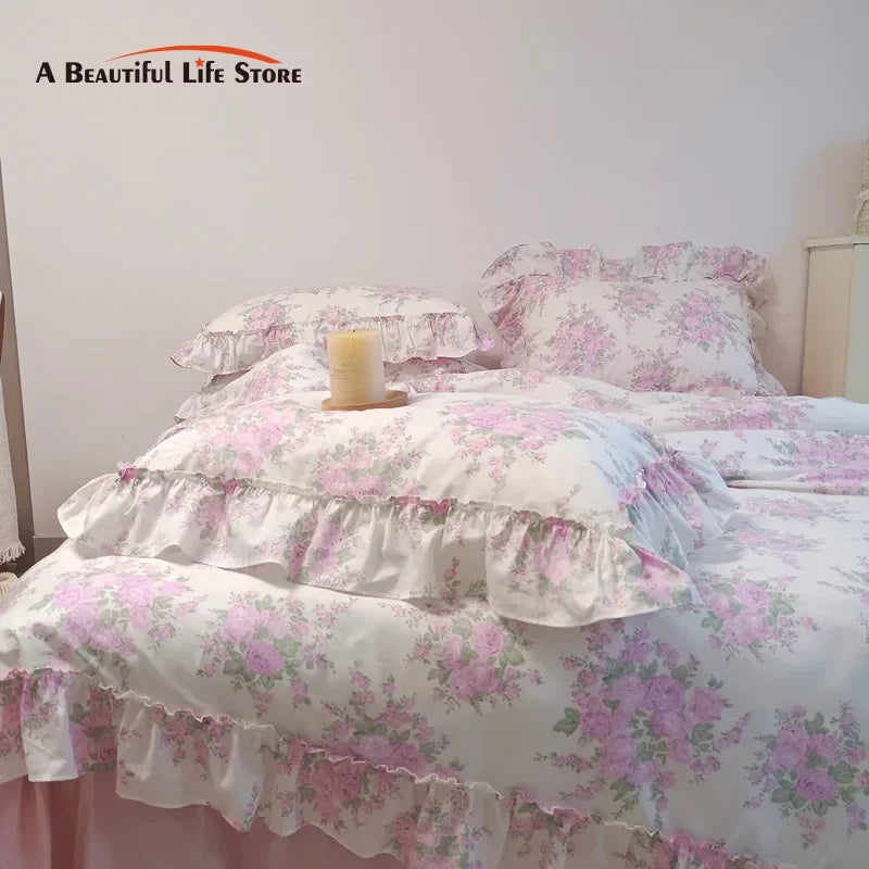 Afralia™ French Rose Flowers Print Lace Ruffles Cotton Bedding Set - Duvet, Bed Skirt, Sheets & Pillowcases