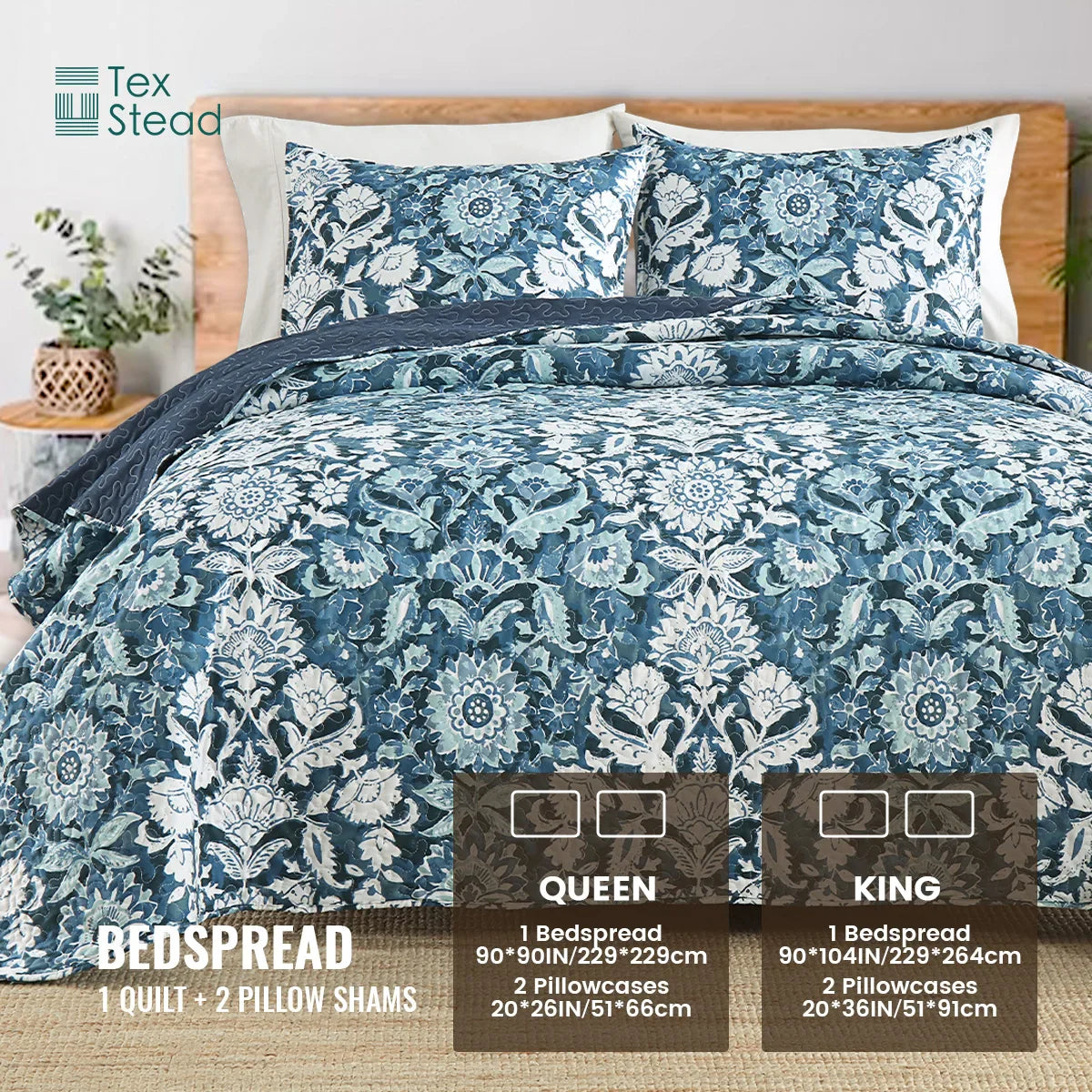 Afralia™ Blue Floral Quilted Bedding Set - Farmhouse Style All Seasons - 3 Piece