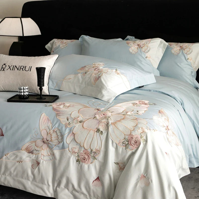 Afralia™ Luxe Butterfly Flowers Embroidery Bedding Set 800TC Egyptian Cotton Duvet Covers Sheets Pillowcases