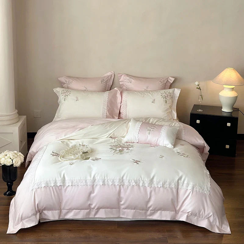Afralia™ Flowers Embroidery Lace Princess Bedding Set 1000TC Egyptian Cotton Duvet Cover Set