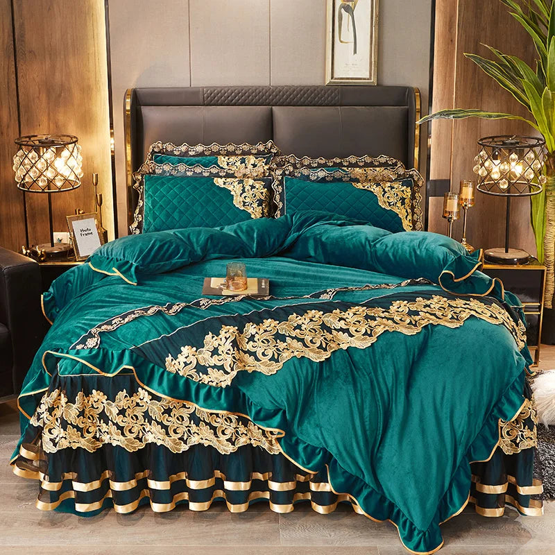 Afralia™ Black Gold Lace Duvet Set, Luxury Crystal Velvet, Quilted Embroidery, Ruffle Bedding