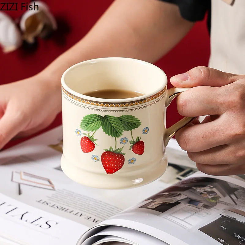 Afralia™ Strawberry Pattern Gilded Edge Porcelain Mug - Tea, Coffee, Juice Cup