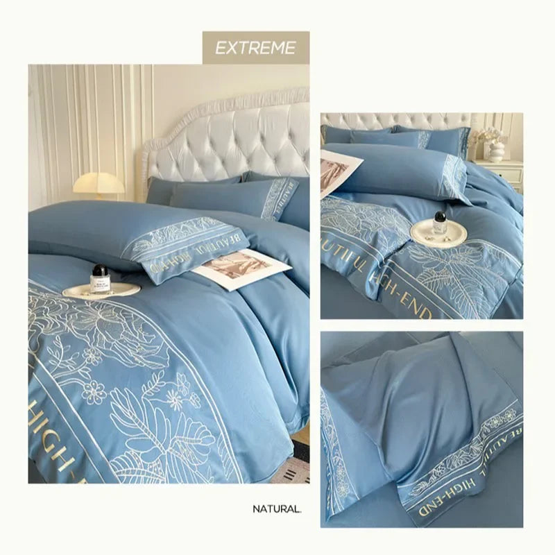 Afralia™ Solid Ice Silk Embroidery Bedding Set: Silky Cooling Duvet Cover, Cozy & Skin-Friendly