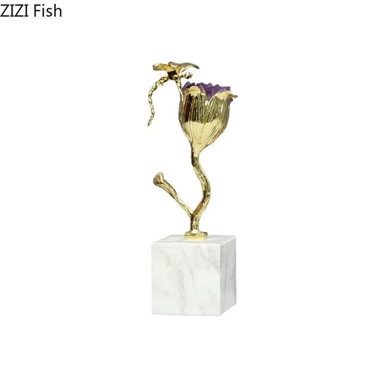Afralia™ Amethyst Flower Ornaments Gold-plated Dragonfly Decor Sculpture Room Decor