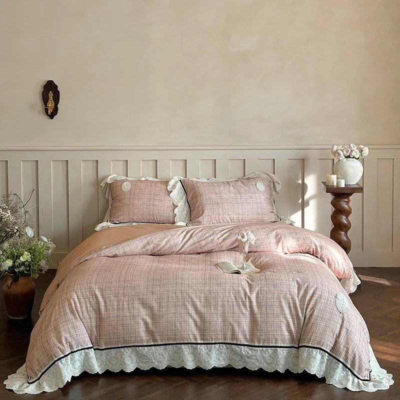Afralia™ French Lace Ruffles Lattice Bedding Set 1000TC Egyptian Cotton Duvet Cover Sheets Pillows
