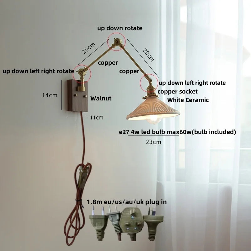Afralia™ Ceramic Ball Brass Walnut Wood Wall Light with Pull Chain Switch