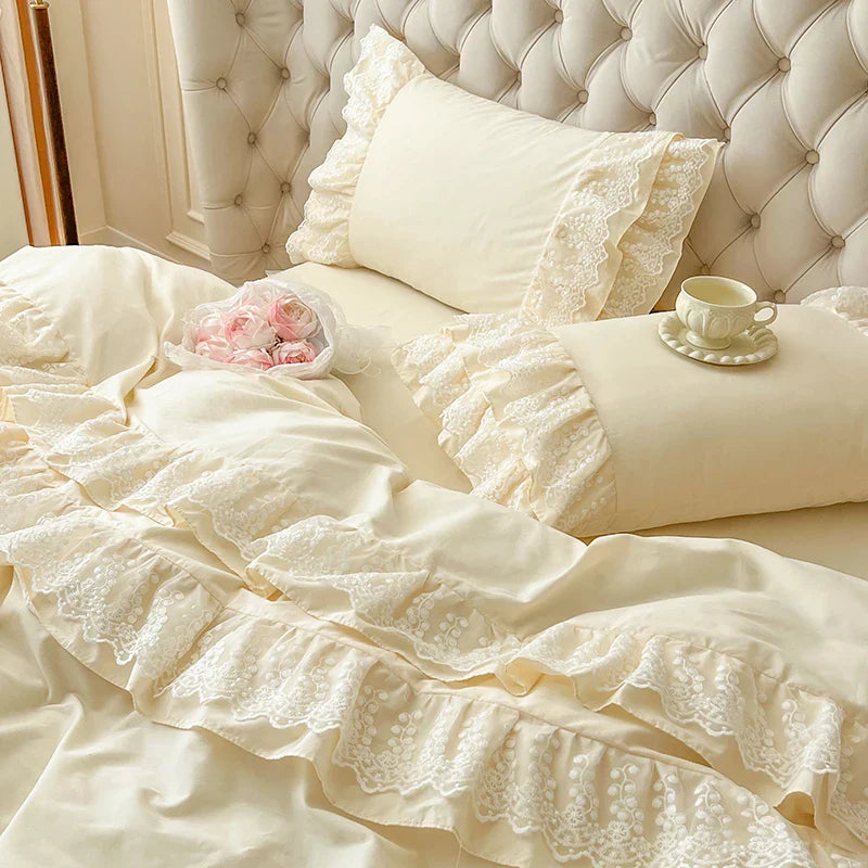 Afralia™ Princess Style Lace Ruffles Bedding Set with Pillowcase 4Pcs