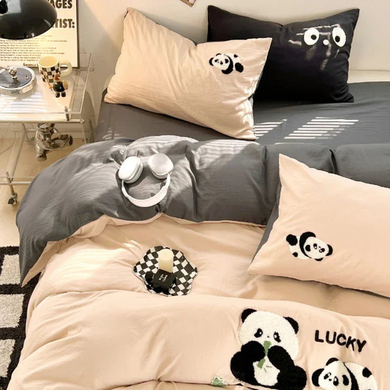 Afralia™ Panda Jacquard Cotton Bedding Set - Soft Double Color Washed Four Piece Bed Set