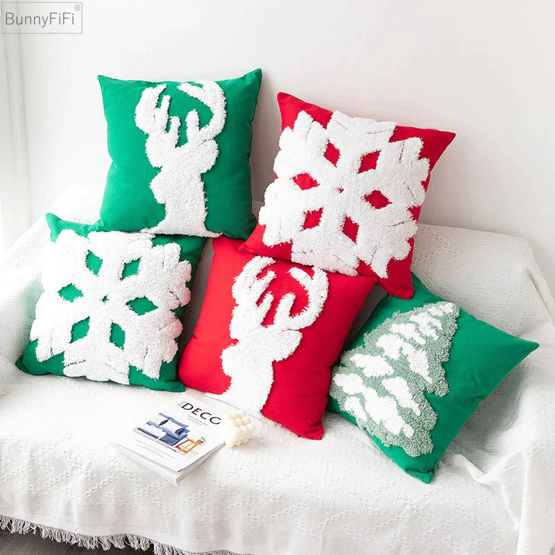 Afralia™ Christmas Tree Reindeer Snow Green Red Pillowcase Square 45x45cm Home Decor
