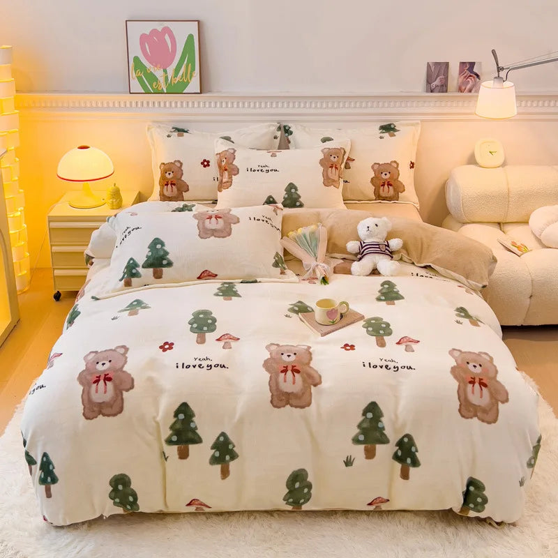 Afralia™ Winter Cartoon Crystal Velvet Bedding Set - Queen Size Warm Duvet Cover