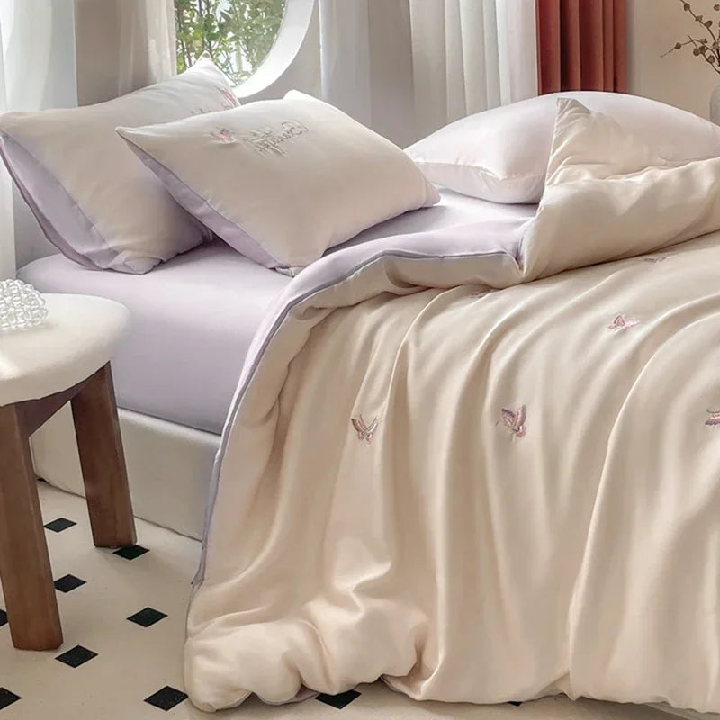 Afralia™ Summer Rayon Silk Bedding Set Queen/King Super Soft Duvet Cover Fitted Sheet Smooth Silk Bedclothes