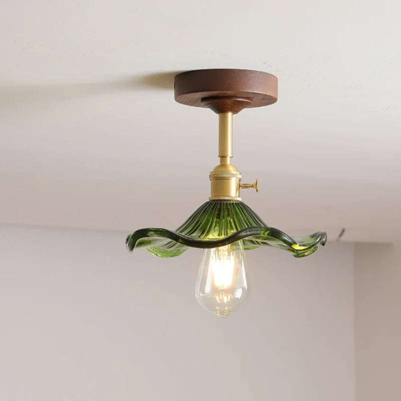 Afralia™ Green Glass LED Ceiling Lights: Modern Copper Wood Indoor Lamp
