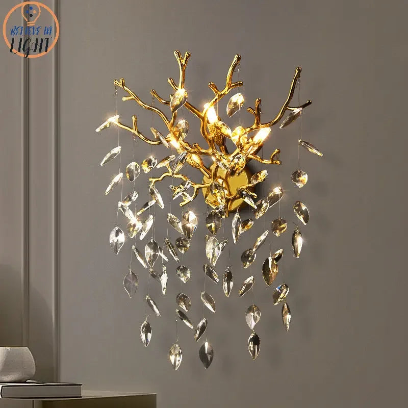 Afralia™ Luxury Gold Wall Sconce Crystal Decor LED Wall Light