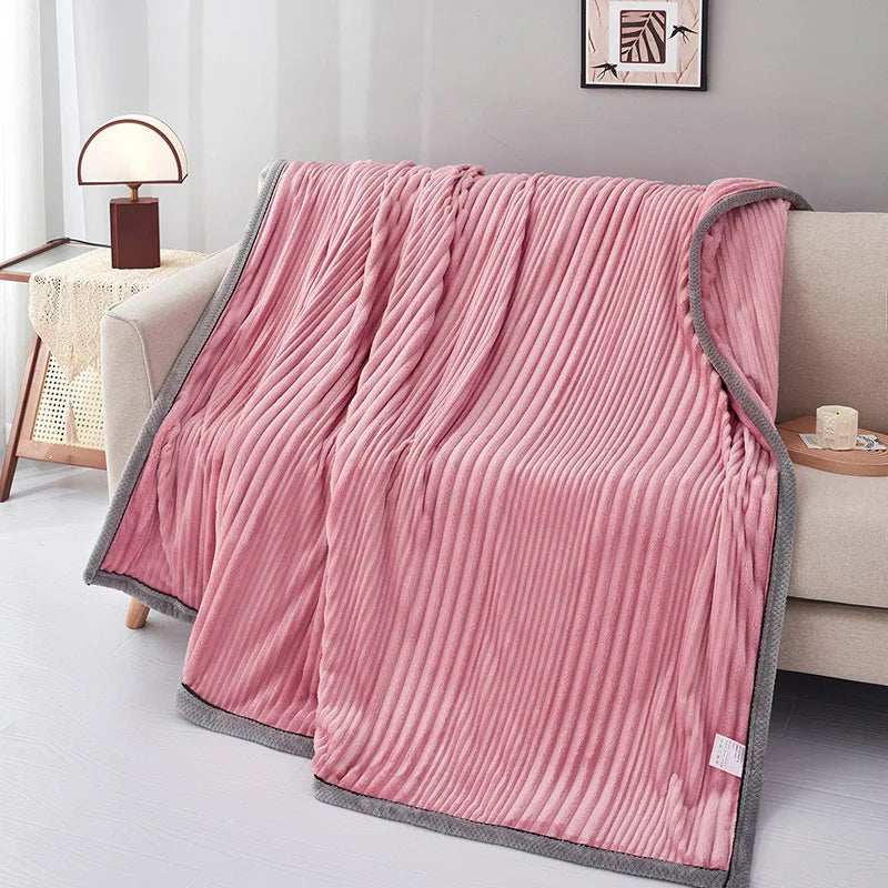 Afralia™ Solid Stripe Faux Rabbit Blanket Flannel for All Seasons, Single Double Bed