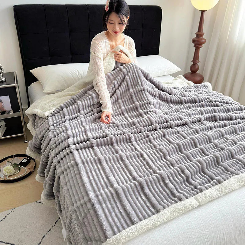 Afralia™ Cozy Lamb Wool Plush Blanket for Adults: Soft, Thickened, Multi-Use Ribbed Shawl