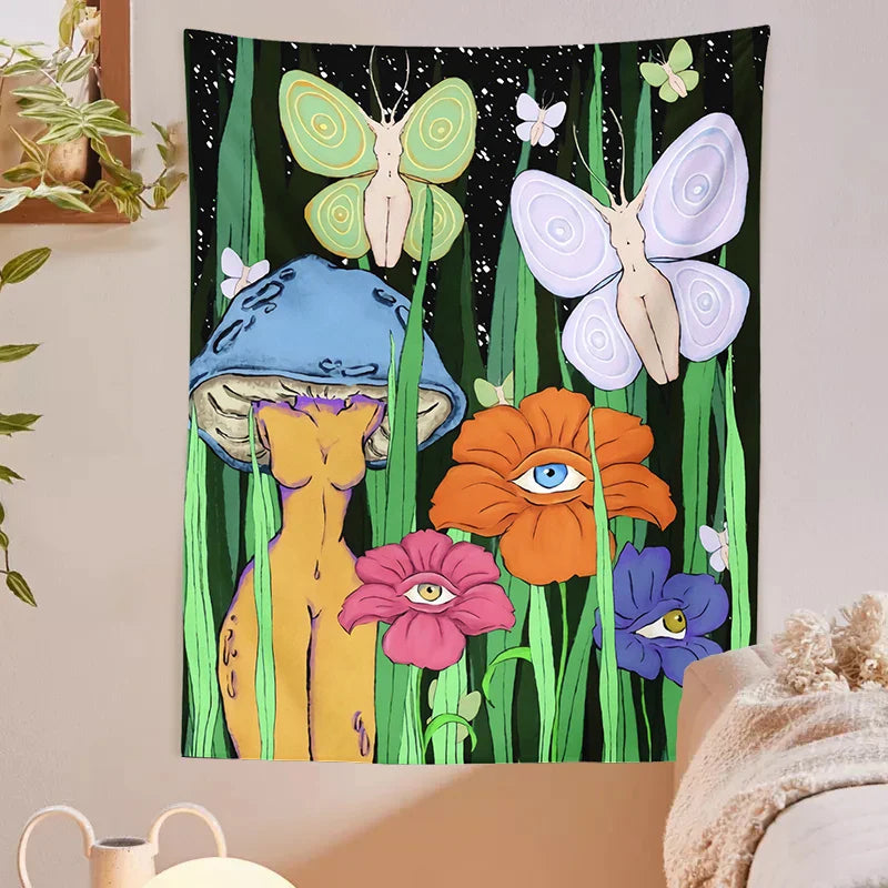 Afralia™ Psychedelic Mushroom Girl Botanical Floral Tapestry Wall Hanging