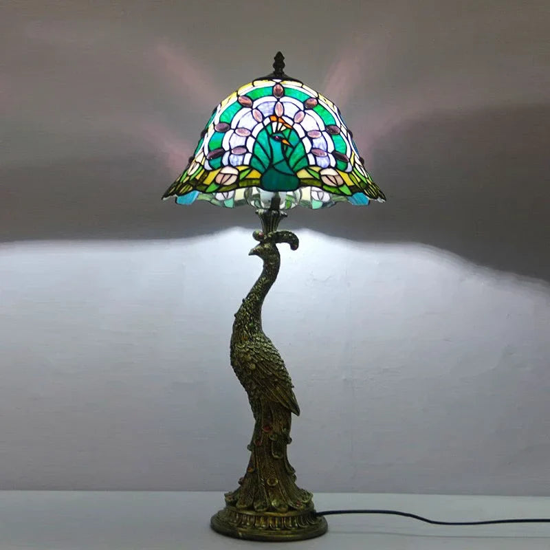Afralia™ Peacock Stained Glass LED Bedside Table Lamp for Living Room Bedroom Lighting