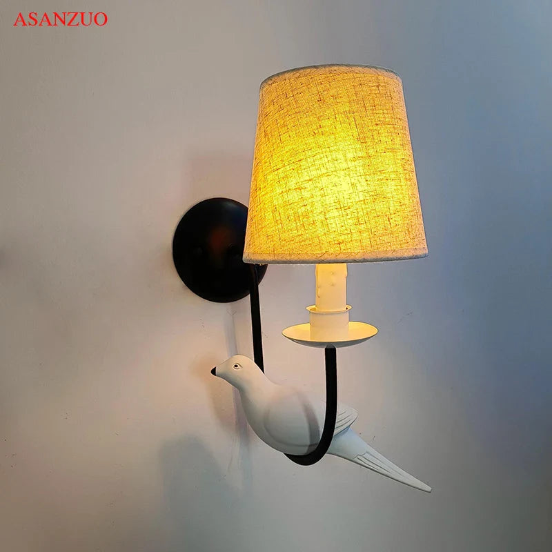 Afralia™ Nordic Iron Bird Wall Lamp with Cloth Lampshade and LED Light